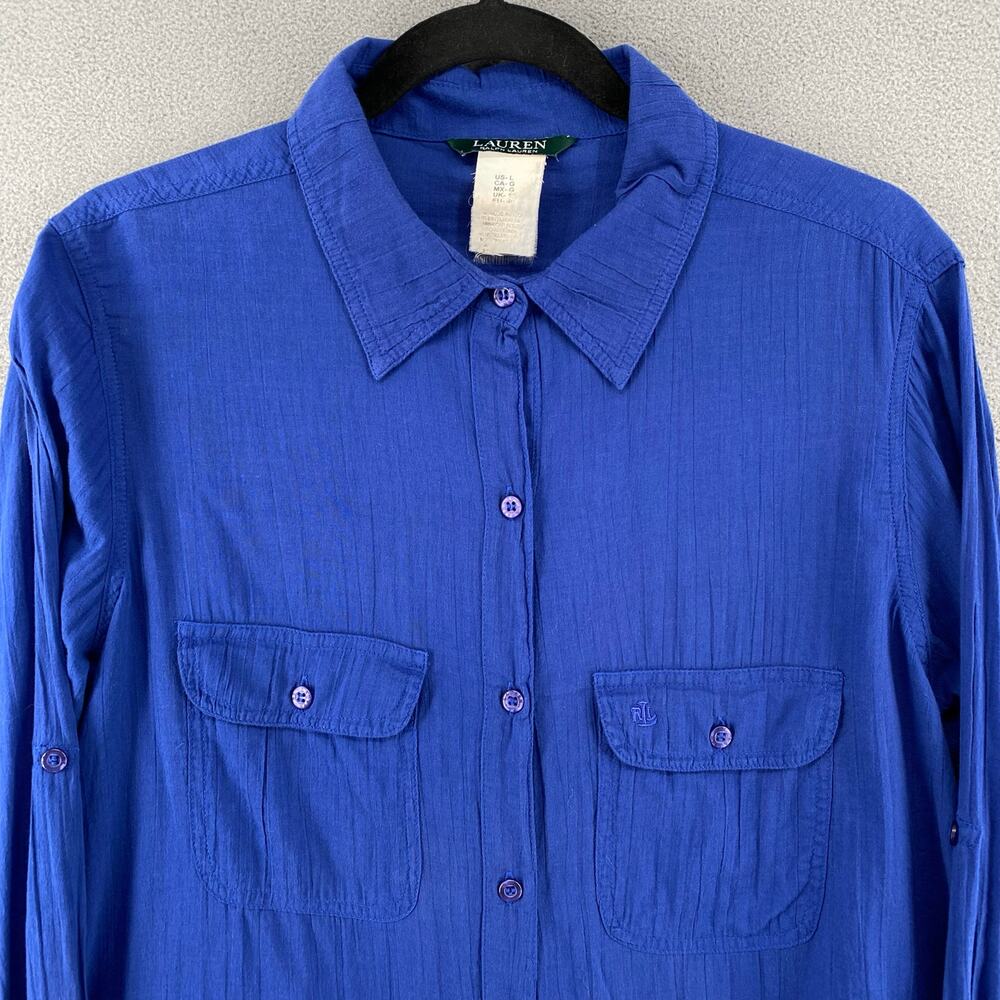 Ralph Lauren Blue Long Sleeve Button Down Shirt Womens L 100% Cotton Loose Fit - Picture 6 of 16